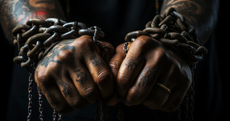 Fototapeta na wymiar a close up of a person's hands in chains. International day for the Abolition of Slavery concept banner