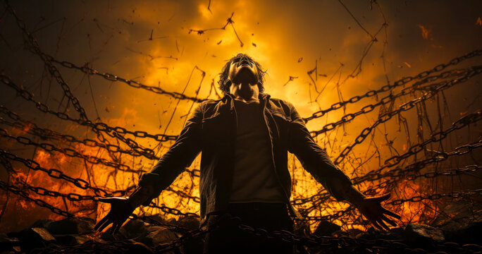 silhouette of a man breaking a chain fence with fire in the background. International day for the Abolition of Slavery concept