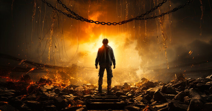 a man standing in front of a chain with fire in the background and sun rising in front of him as new hope / new beggining concept. International day for the Abolition of Slavery