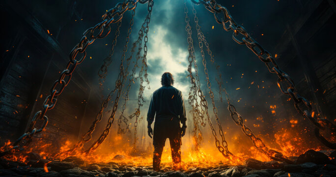 a man standing in front of a fire with breaking chains. International day for the Abolition of Slavery concept banner