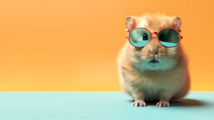 Creative animal concept. Hamster in sunglass shade glasses isolated on solid pastel background, commercial, editorial advertisement, surreal surrealism