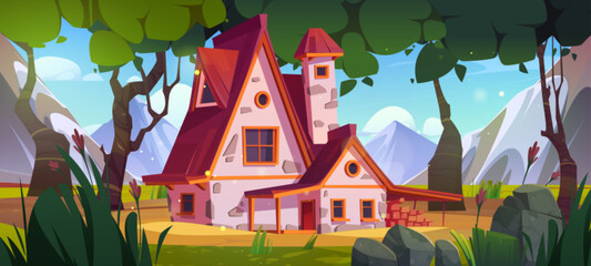 Old house in forest at foot of mountains. Vector cartoon illustration of cozy cottage with wooden porch and red roof in beautiful valley with tall trees, spring flowers, green grass and stones