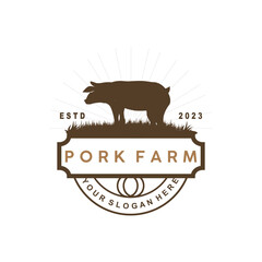 Pig Logo, Grilled Pork Pig Simple Rustic Stamp, Livestock Cattle Vector, BBQ Barbecue Emblem Badge Vintage Design Inspiration