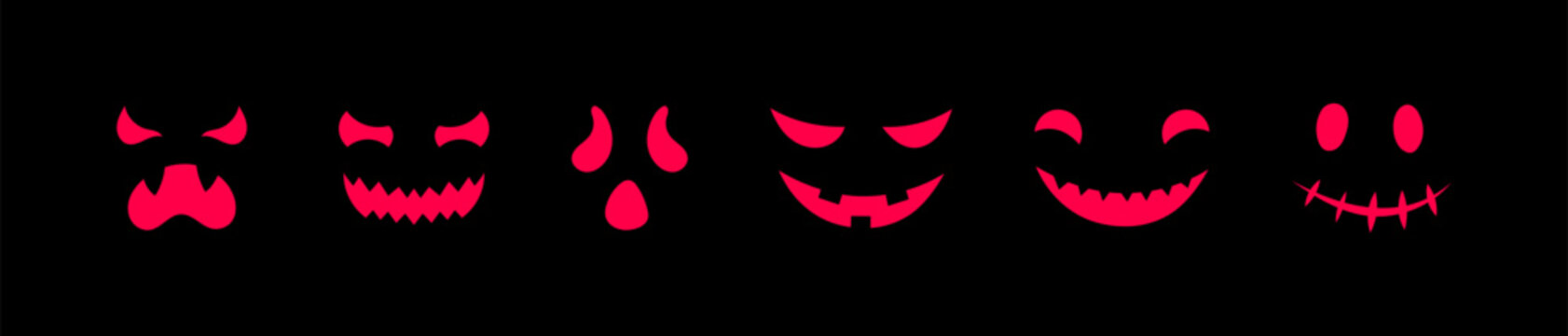 Vector scary faces icons set. Halloween decoration smiling masks. Pumpkin funny smiles. Ghost red face collection isolated on black background for web, decor, fashion print, app