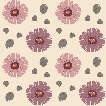 Vector seanless pattern with a blooming abstract flowers and leaves. Summer wallpaper in a flat style. Floral texture for textile or a wrapping paper.