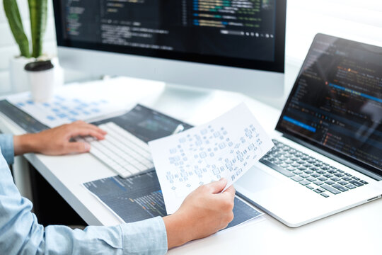 Developing programmer Development Website design and coding technologies working in software company office