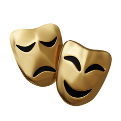 gold theatre theatrical tragedy drama comedy mask isolated on white background. gold emotion theatre theatrical tragedy drama comedy mask isolated. gold theatre theatrical drama comedy 3d render