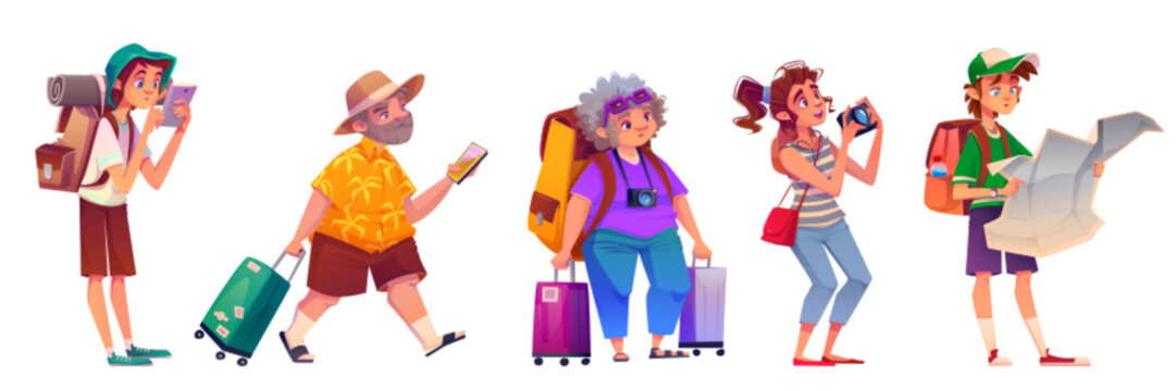People tourists in travel. Tourism, trip and sightseeing concept with men and women characters with backpacks, suitcases, map, camera and mobile phone, vector cartoon set