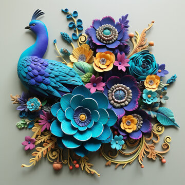 3D Clay Flowers with peacock generative ai