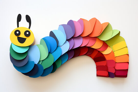 a caterpillar shaped paper craft for kids, using different shapes color papers generative ai