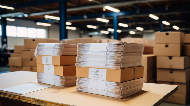 a large stack of documents on a table next to a cardboard box, industrial style generative ai