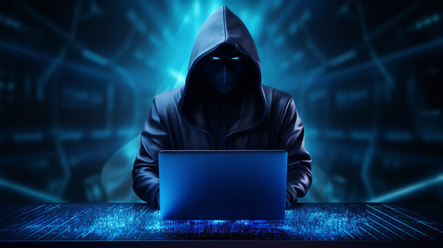 cyber hacker standing full body with laptop, photorealistic, sharp focus, realistic, ultra detailed, cinematic, neon blue dramatic generative ai