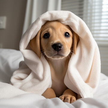 cute puppy wrapped in towel generative ai
