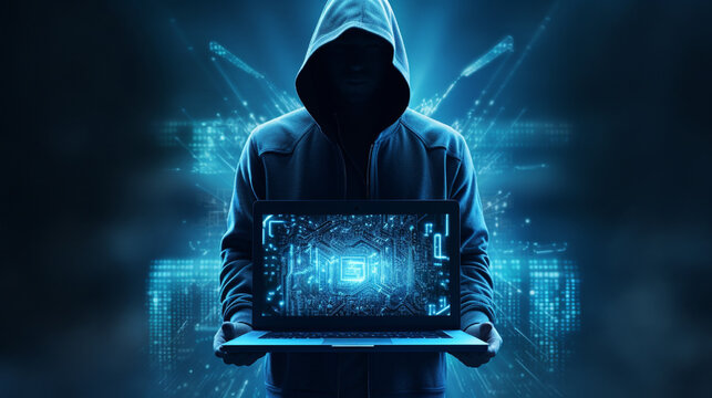 cyber hacker standing full body with laptop, photorealistic, sharp focus, ultra detailed, cinematic, neon blue dramatic generative ai