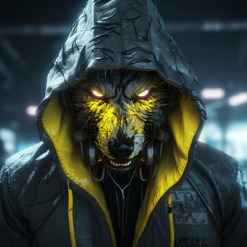 person with wolf head glowing yellow eyes human cyber punk unreal engine generative ai