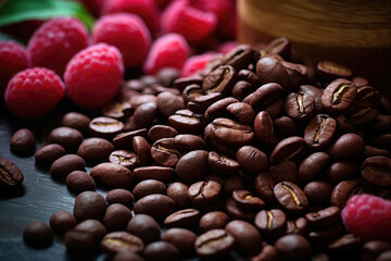 A mix of coffee beans and raspberries