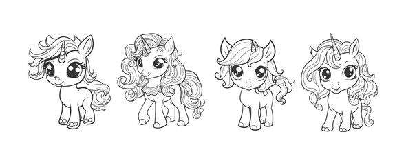 Cute pony unicorn cartoon line art coloring page for kids. Baby hourse animal coloring book illustration