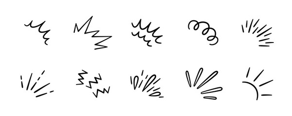 Doodle radial line rays. Hand drawn round corner shine. Sunburst sparkle element. Sun burst doodle icon. Explosion frame. Idea and exclamation symbol. Vector illustration isolated on white background. - 625043230