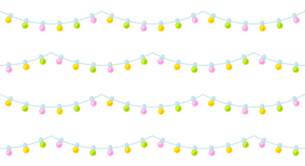Naklejka premium Light bulb lantern garland seamless pattern flat. Festive background wrapping paper festival backdrop colorful bright lamp decoration holiday wrap christmas canvas glass balls summer pastel cuteprint
