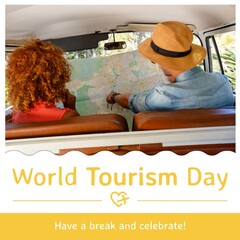 Naklejka premium World tourism day, have a break text in yellow over diverse couple reading map in car