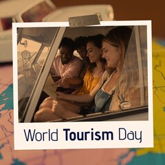 Obraz premium World tourism day text on photo of diverse friends reading in van, over globe