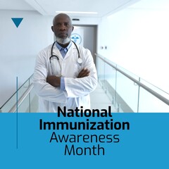 National immunization awareness month text african american senior male doctor