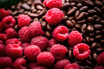 A mix of coffee beans and raspberries