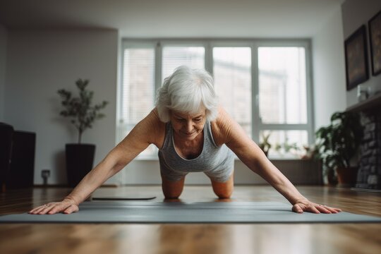 Old woman do pushup. Generate Ai