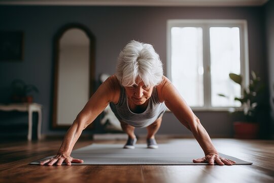 Old woman do home pushup. Generate Ai