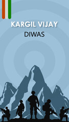 Naklejka premium Kargil Vijay Diwas Design Concept with Indian Flag and Army Stories template. Kargil Vijay Diwas story 