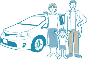 車をバックにポーズをとっているファミリー