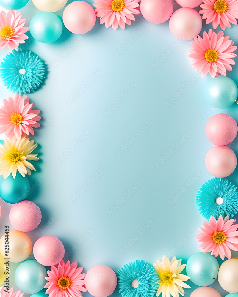 Poster Pastel background with pastel colored balls, flowers. Generative AI