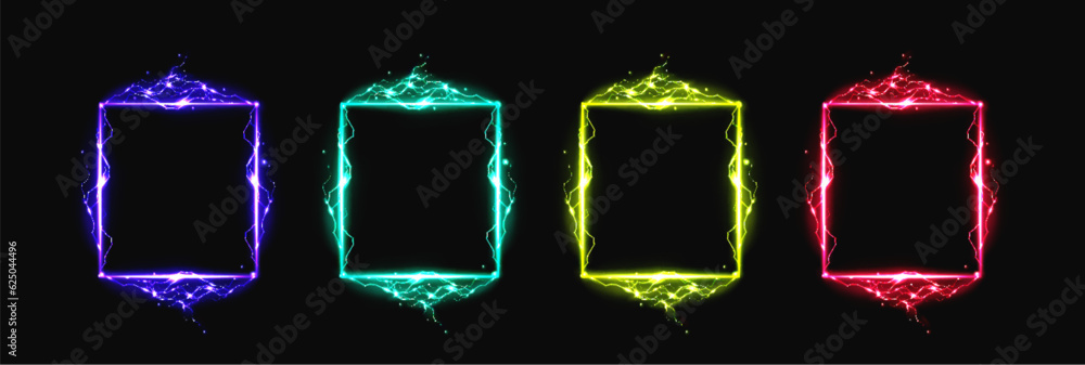 Poster neon lightning effect electric glow frame vector. magic spark border with thunder sign energy. magic