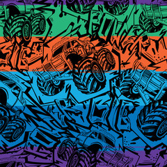 Abstract seamless Monster Truck car pattern on grunge shape cracked background with shabby dots and spray paint texture, ink. Boys style wheel auto repeated backdrop.  © SokolArtStudio