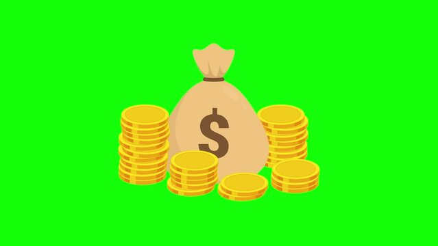 Sack full of dollar cash money and gold coins. Banking concept financial realistic icon of moneybag. cartoon style motion graphic on green screen