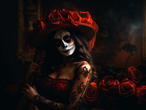 ilustración de una mujer latina sensual posando en el Día de Muertos. ai generative