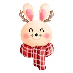 Watercolor cute happy bunny with antlers and red scarf illustration.
