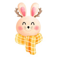 Watercolor cute happy bunny with antlers and yellow scarf illustration.