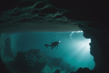 Scuba deep sea diver swimming in a deep ocean cavern . Underwater exploration. Into the abyss