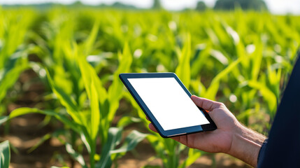 Farmer holding a tablet in front of corn field. Smart digital farming. Plant growing control from tablet