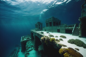 Underwater ocean ruins. Crumbling deep sea diving exploration