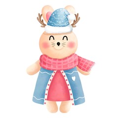 Festive christmas bunny clipart.Cute little bunny with antlers,pink scarf,blue beanie,pink and blue dress.