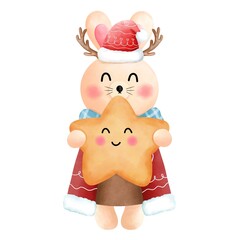 Festive christmas bunny clipart.Cute little bunny with star,antlers,blue scarf,red beanie,red and brown dress.