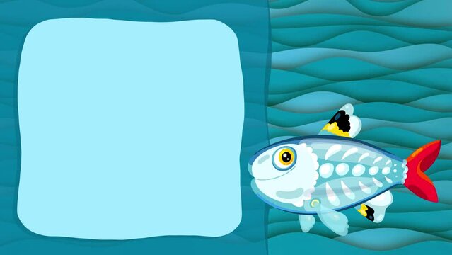 Cartoon character x-ray fish swimming loop animation for titles. Squid good for fairy tales, illustration, etc... Cute intro frame included, seamless loop. 