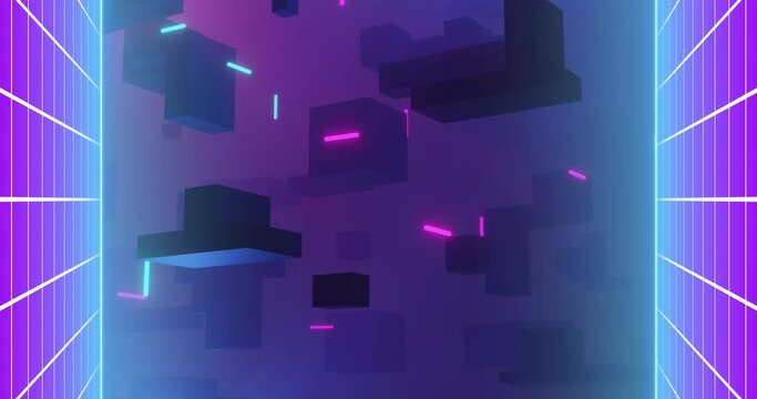 Animation Of Video Game Screen With Light Trails Over Purple Background