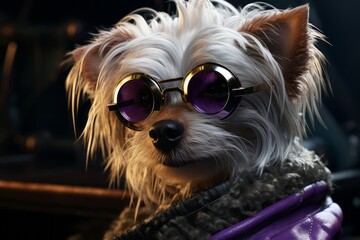 Naklejka premium Dog in fur with golden glasses, photorealistic fantasy style, dieselpunk, zuckerpunch, pure color. Close-up. generation ai