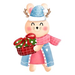 Festive christmas bunny clipart.Cute little bunny with gift box,antlers,pink scarf,blue beanie,pink and blue dress.