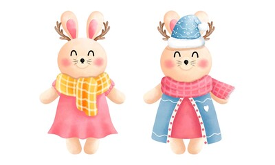 Festive christmas cute bunny clipart set.Cute little bunny with antlers,scarf, beanie and winter costume.