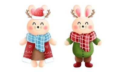 Set of festive christmas bunny clipart.Cute little bunny with antlers,scarf, beanie and winter costume.