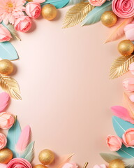 Naklejka na ściany i meble Golden frame with feathers and pearls on pink background. Generative AI
